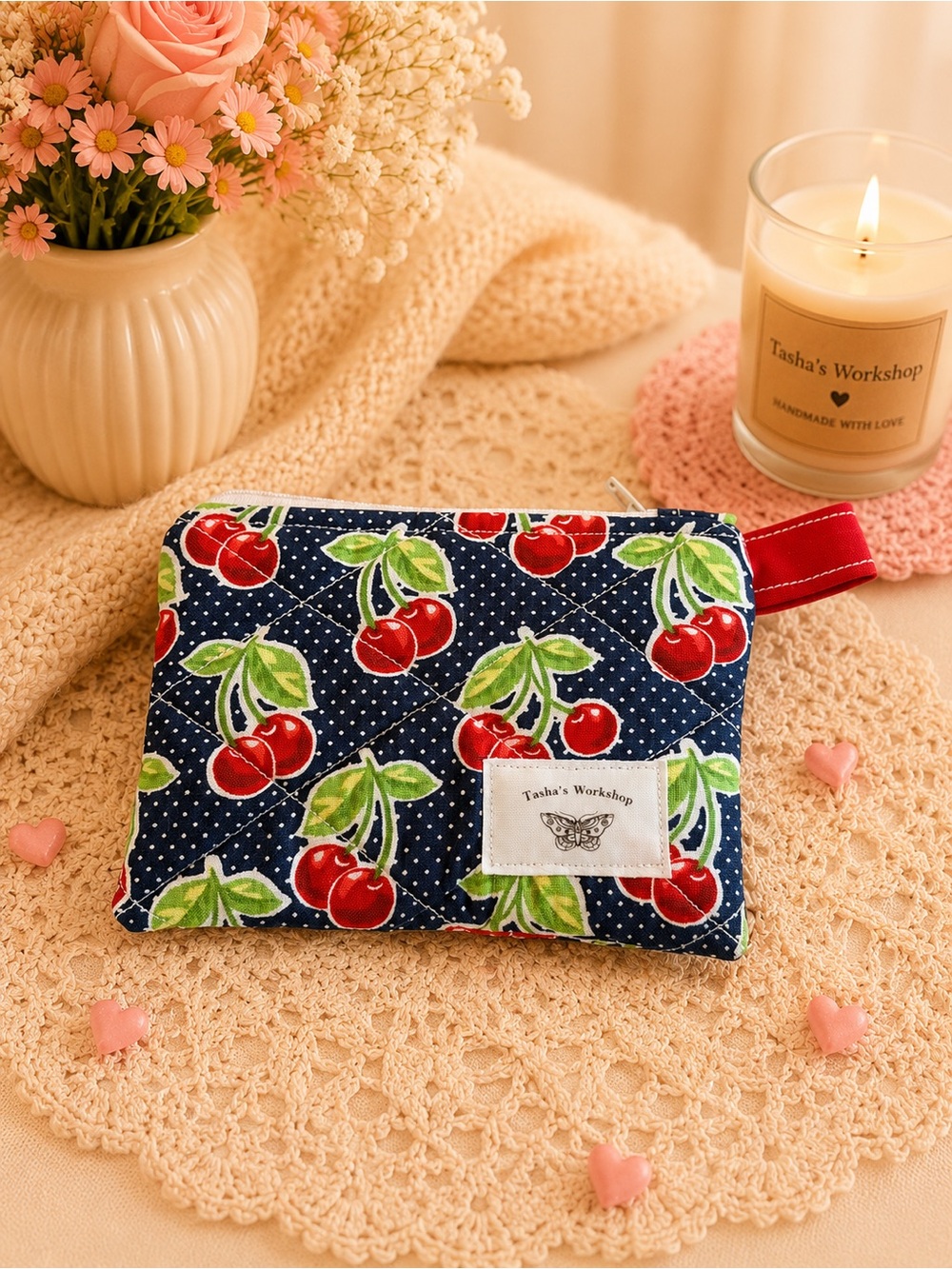 Cherry Blossom Quilted Zipper Wallet Handmade Cotton Coin Purse & Small Organiz